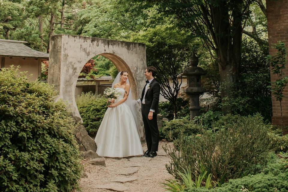 Bride and groom in garden