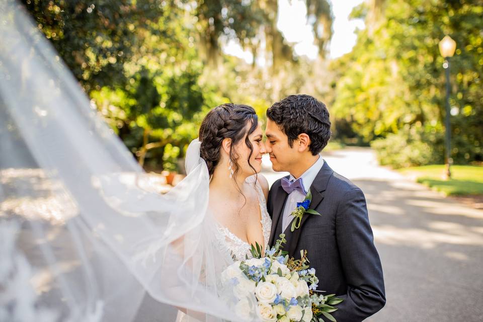 Bride with veil and groom