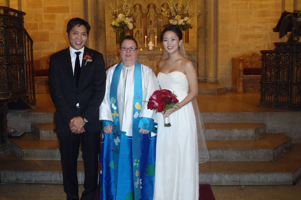 Beautiful summer wedding at Madison Square Park with out -of-state couple celebrating their union with New York friends. Reading: Entreat Me Not from Book of Ruth.  Ritual Hand fasting.