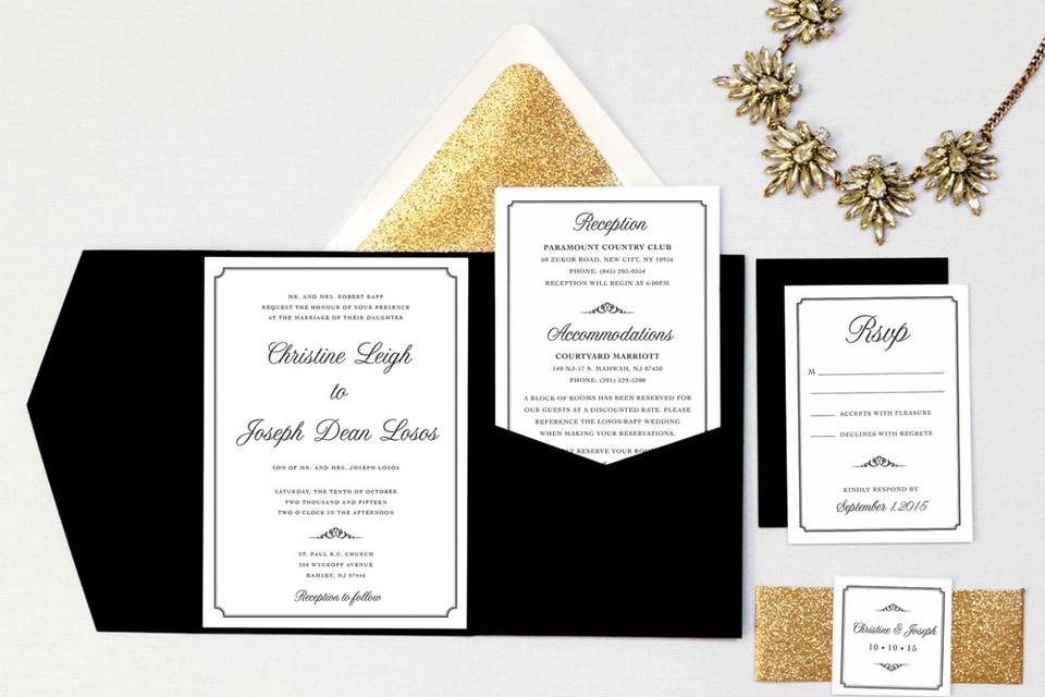 Black white glitter invitation