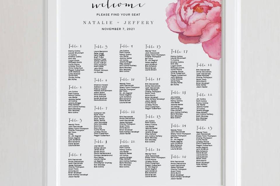 Pink peony seating chart