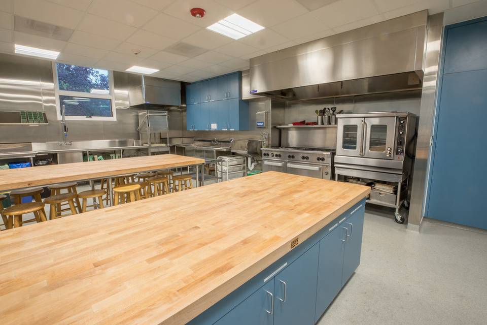 The commercial kitchen is modern and spacious, great for cooking classes. Your caterer will love it!