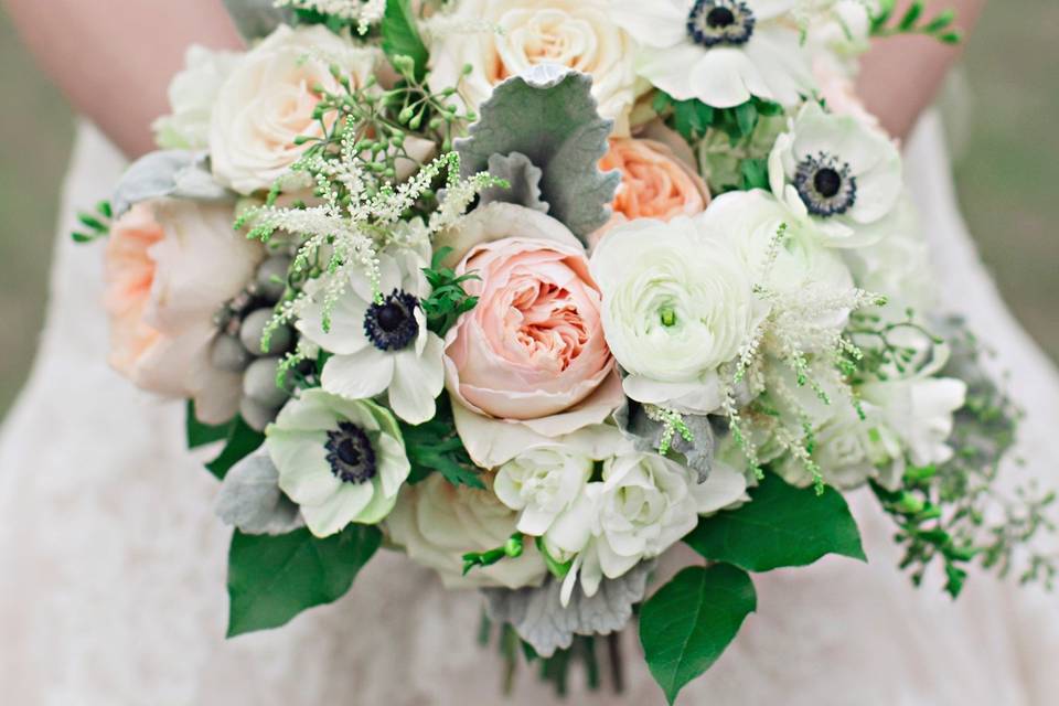 Vintage bridal bouquet with garden roses, freesia, ranunculus, anemone and astilbe for Lauren