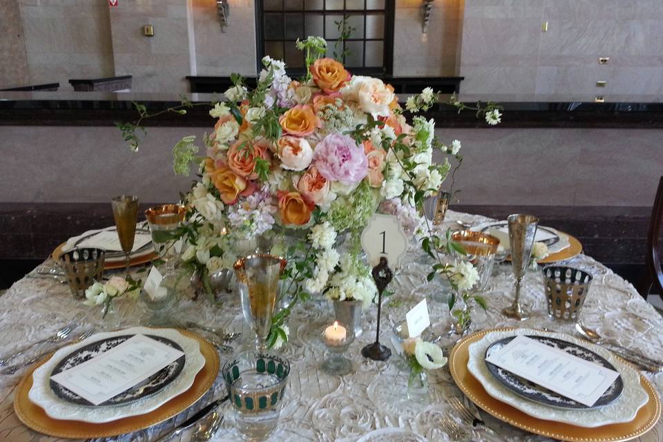 Styled shoot table centerpiece in the T and P train station