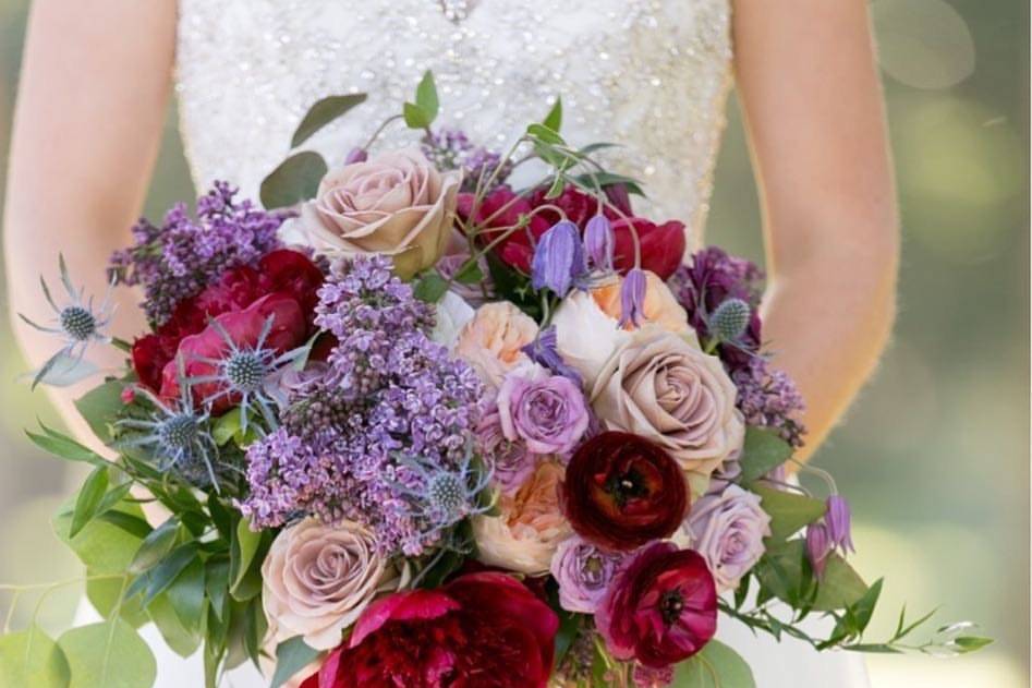 Annie’s lush bouquet with lots of gorgeous burgundy, purple and blue tones