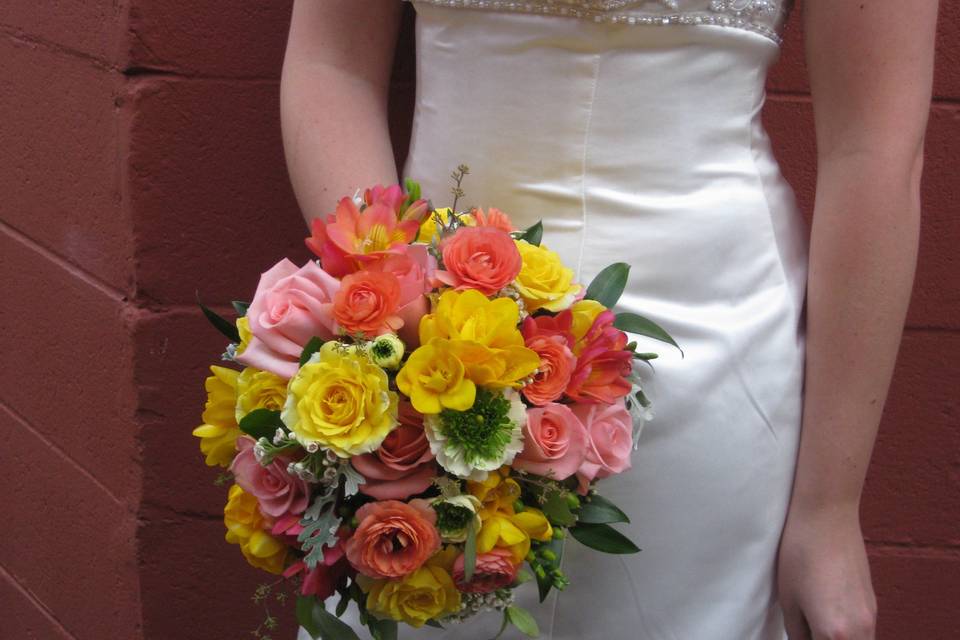 Bright yellow, orange, and pink bouquet