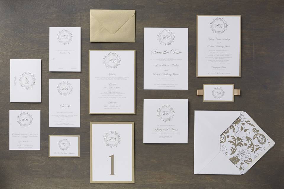 Annabelle - Classic, Romantic, Monogram Wedding Invitation Suite, customizable in your color of choice. Add-ons include: mounting, ribbon tag, and envelope liners. Can be printed in: digital, thermography, foil stamping or letterpress.