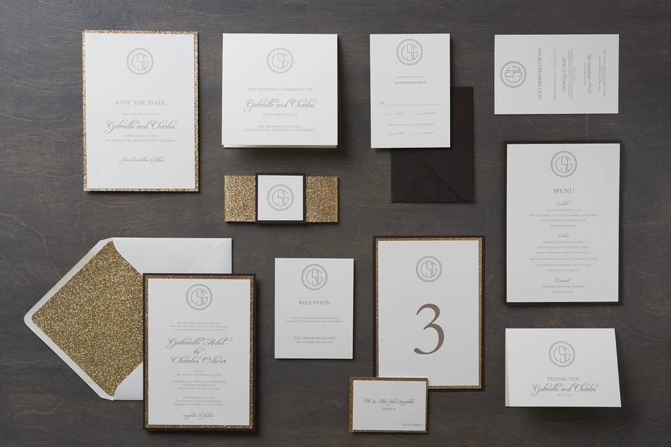 Audrey - Classic, Formal, Monogram Wedding Invitation Suite, customizable in your color of choice. Add-ons include: mounting, ribbon tag, and envelope liners. Can be printed in: digital, thermography, foil stamping or letterpress.