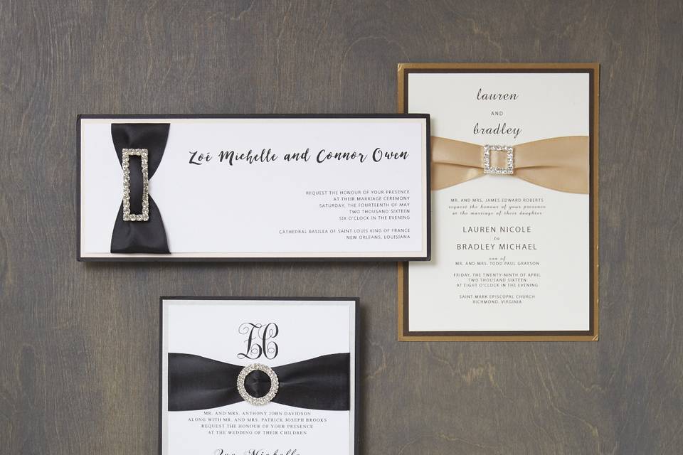 Bijou Collection - Classic, Upscale, Romantic, Monogram, Embellished Wedding Invitation Suite, customizable in your color of choice. Add-ons include: mounting, ribbon tag, and envelope liners. Can be printed in: digital, thermography, foil stamping or letterpress.