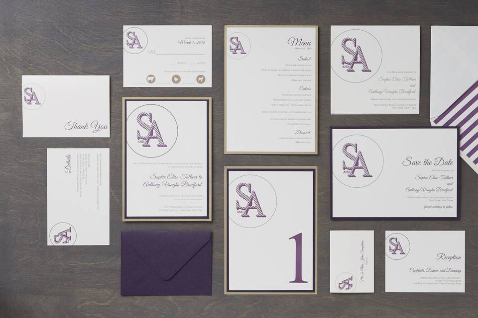 Chelsea - Modern, Monogram Wedding Invitation Suite, customizable in your color of choice. Add-ons include: mounting, ribbon tag, and envelope liners. Can be printed in: digital, thermography, foil stamping or letterpress.