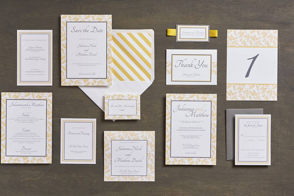 Daphne - Modern, Formal Wedding Invitation Suite, customizable in your color of choice. Add-ons include: mounting, ribbon tag, and envelope liners. Can be printed in: digital, thermography, foil stamping or letterpress.