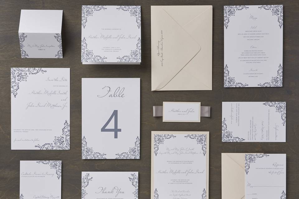 Claire - Classic, Romantic, Formal Wedding Invitation Suite, customizable in your color of choice. Add-ons include: mounting, ribbon tag, and envelope liners. Can be printed in: digital, thermography, foil stamping or letterpress.
