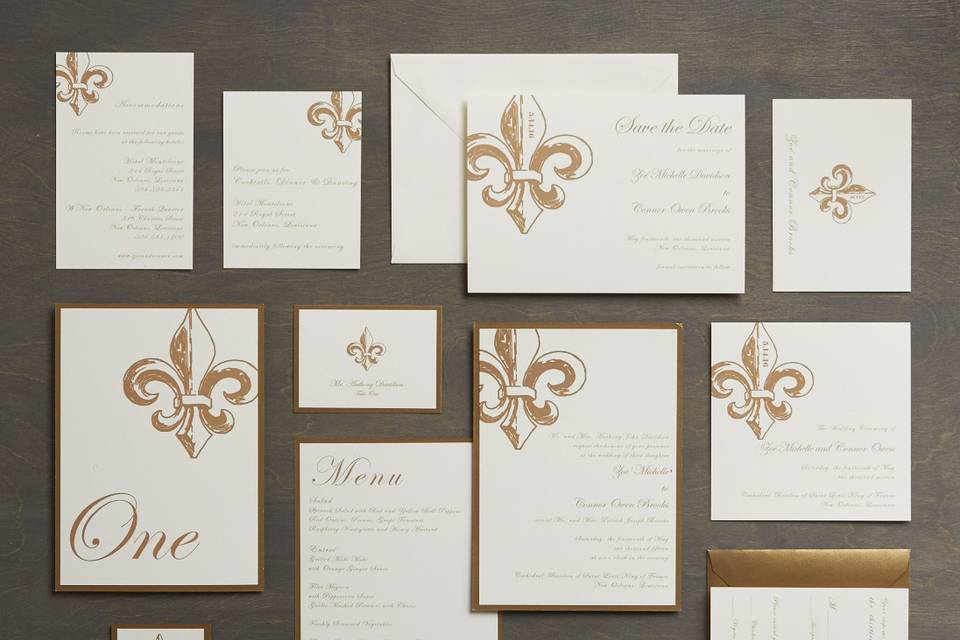 Evelyn - Modern, Fleur de lis Wedding Invitation Suite, customizable in your color of choice. Add-ons include: mounting, ribbon tag, and envelope liners. Can be printed in: digital, thermography, foil stamping or letterpress.