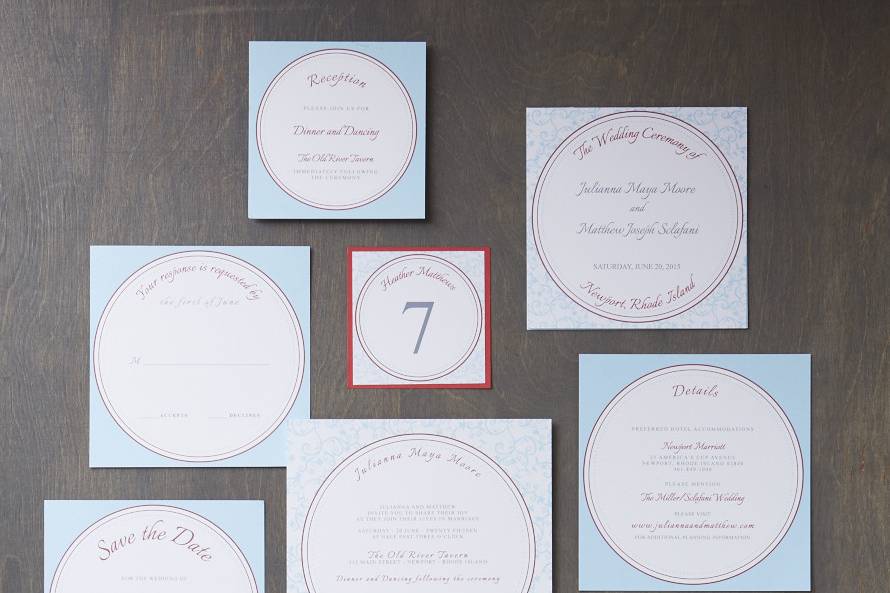 Fey - Modern, Romantic, Wedding Invitation Suite, customizable in your color of choice. Add-ons include: mounting, ribbon tag, and envelope liners. Can be printed in: digital, thermography, foil stamping or letterpress.