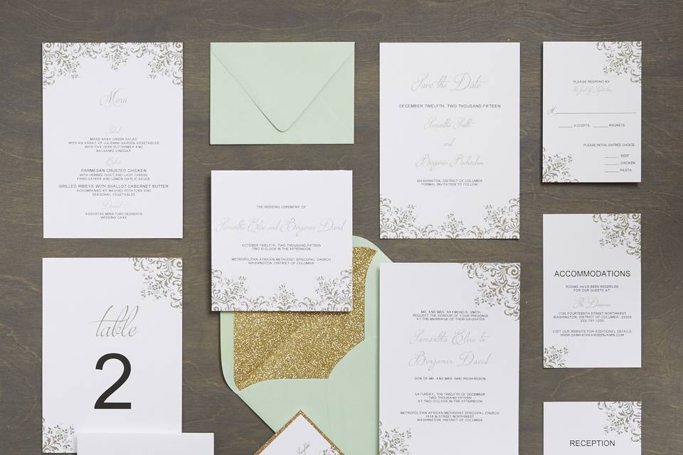 Georgia - Modern, Romantic, Wedding Invitation Suite, customizable in your color of choice. Add-ons include: mounting, ribbon tag, and envelope liners. Can be printed in: digital, thermography, foil stamping or letterpress.