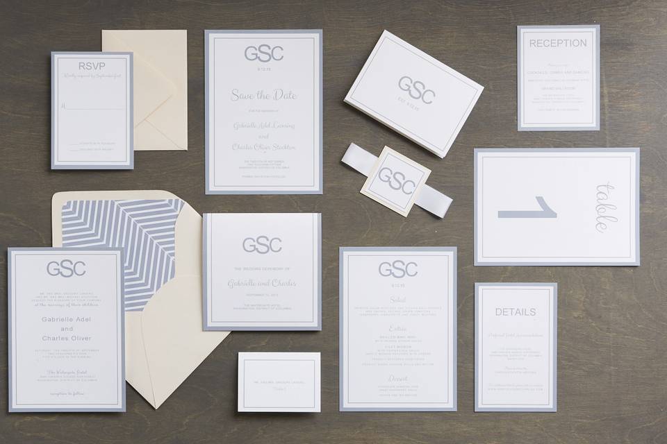 Kayla - Classic, Simple, Border, Monogram Wedding Invitation Suite, customizable in your color of choice. Add-ons include: mounting, ribbon tag, and envelope liners. Can be printed in: digital, thermography, foil stamping or letterpress.