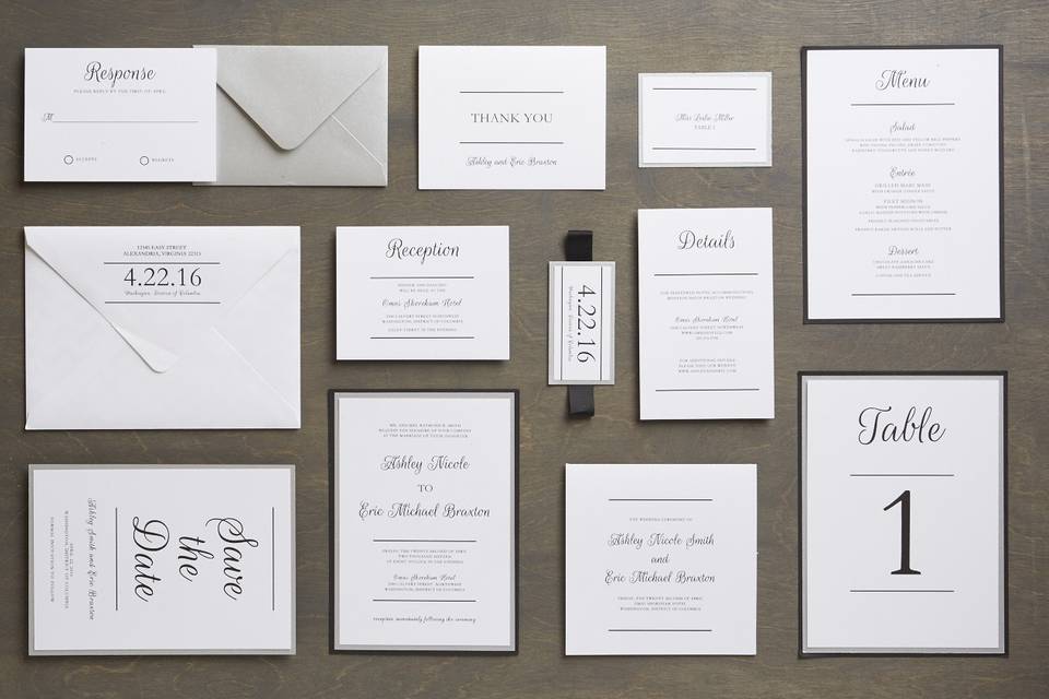 Kennedy - Modern Wedding Invitation Suite, customizable in your color of choice. Add-ons include: mounting, ribbon tag, and envelope liners. Can be printed in: digital, thermography, foil stamping or letterpress.