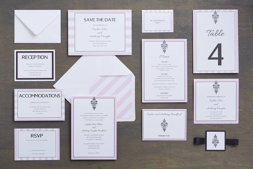 Laurelei - Modern, Romantic, vintage Wedding Invitation Suite, customizable in your color of choice. Add-ons include: mounting, ribbon tag, and envelope liners. Can be printed in: digital, thermography, foil stamping or letterpress.