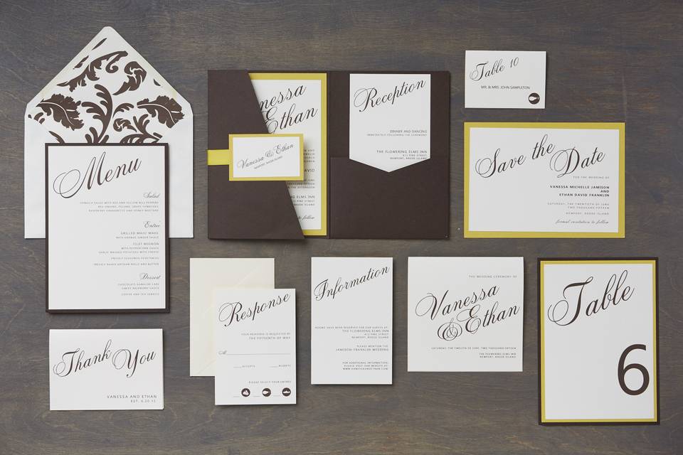Madeleine - Modern, Script, Formal Wedding Invitation Suite, customizable in your color of choice. Add-ons include: mounting, ribbon tag, and envelope liners. Can be printed in: digital, thermography, foil stamping or letterpress.