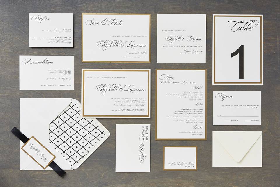 Mirabelle - Classic, Romantic, Script Wedding Invitation Suite, customizable in your color of choice. Add-ons include: mounting, ribbon tag, and envelope liners. Can be printed in: digital, thermography, foil stamping or letterpress.