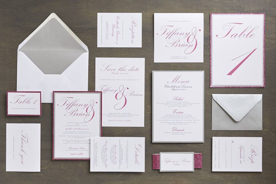 Olivia - Modern, Script Wedding Invitation Suite, customizable in your color of choice. Add-ons include: mounting, ribbon tag, and envelope liners. Can be printed in: digital, thermography, foil stamping or letterpress.
