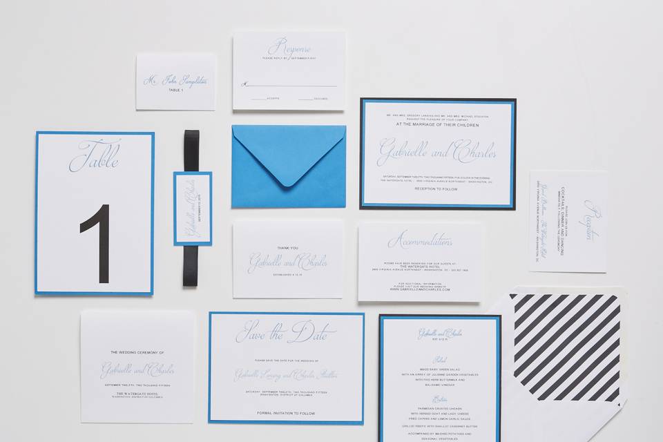 Phoebe - Classic, Script Wedding Invitation Suite, customizable in your color of choice. Add-ons include: mounting, ribbon tag, and envelope liners. Can be printed in: digital, thermography, foil stamping or letterpress.