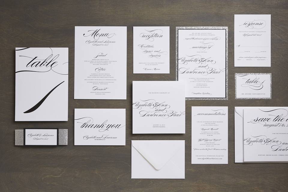 Primrose - Modern, Romantic, Calligraphy Script, Embellished Wedding Invitation Suite, customizable in your color of choice. Add-ons include: mounting, ribbon tag, and envelope liners. Can be printed in: digital, thermography, foil stamping or letterpress.