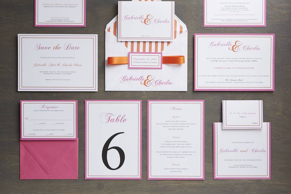 Rosalie - Modern, Bold Wedding Invitation Suite, customizable in your color of choice. Add-ons include: mounting, ribbon tag, and envelope liners. Can be printed in: digital, thermography, foil stamping or letterpress.