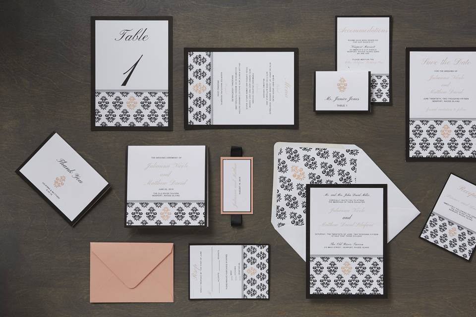 Victoria -Vintage, Romantic Wedding Invitation Suite, customizable in your color of choice. Add-ons include: mounting, ribbon tag, and envelope liners. Can be printed in: digital, thermography, foil stamping or letterpress.