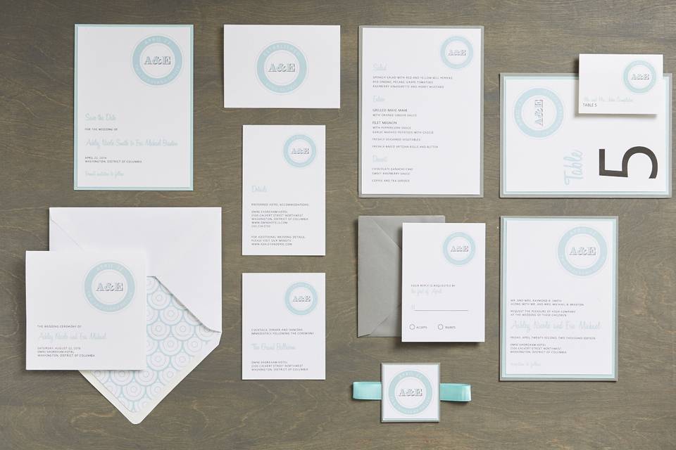 Zoe - Modern, Monogram Wedding Invitation Suite, customizable in your color of choice. Add-ons include: mounting, ribbon tag, and envelope liners. Can be printed in: digital, thermography, foil stamping or letterpress.