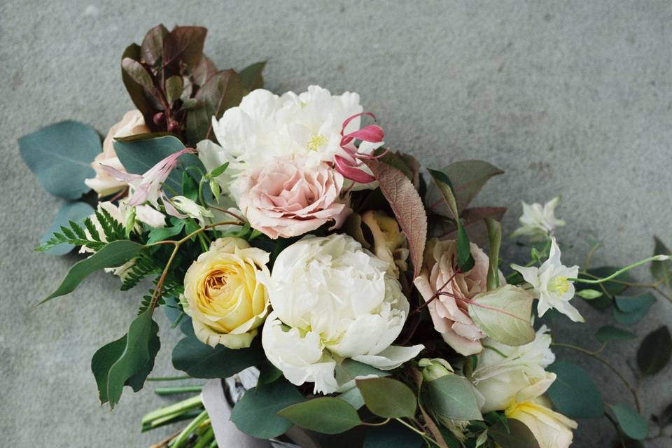 Bouquet with peony, garden rose, jasmine bouquet. Silk ribbons.