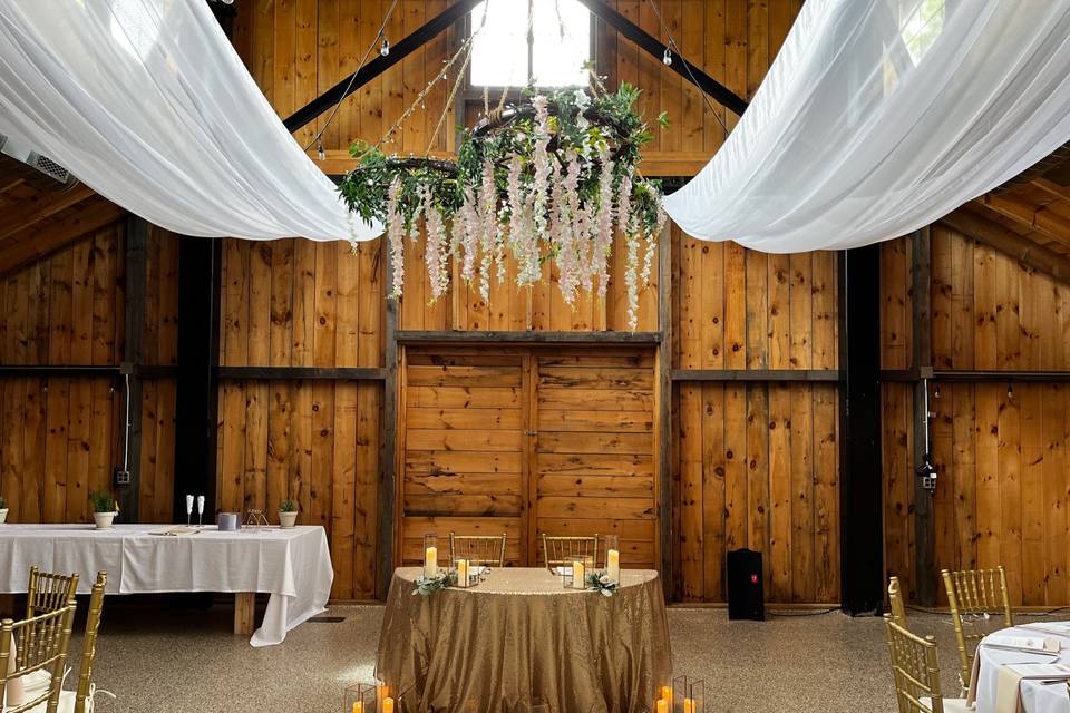 Barn Draping, flower chandelie