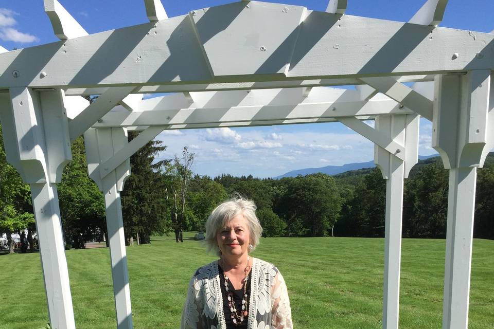 Under a white pergola