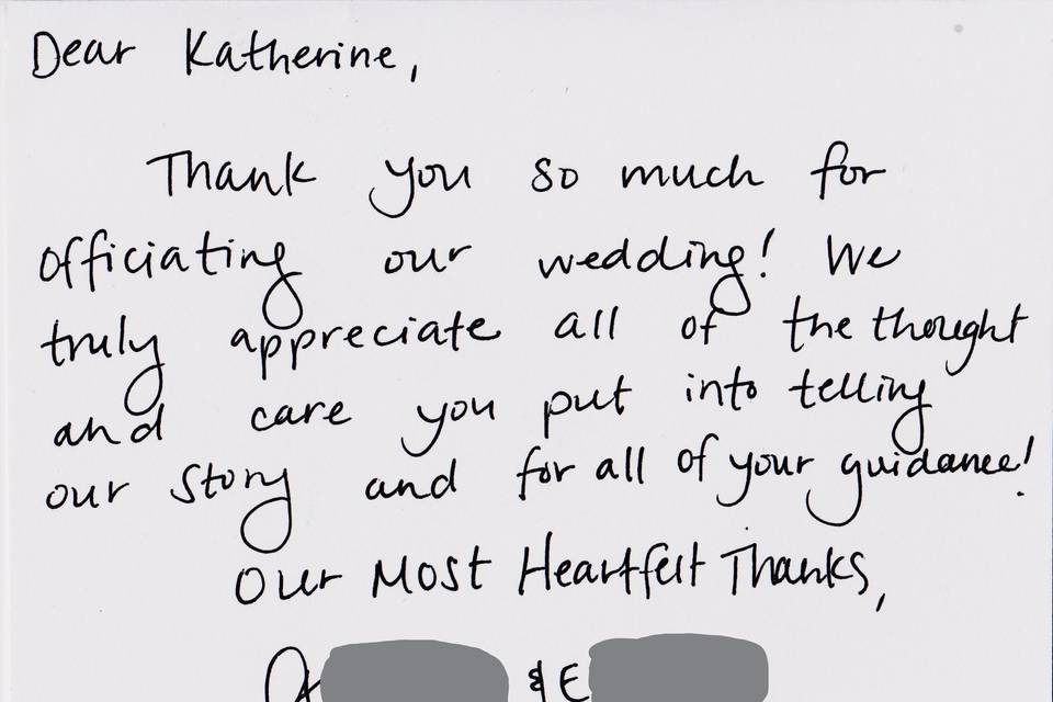 A&E handwritten thank you card