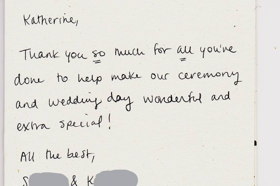 S&K handwritten thank you card