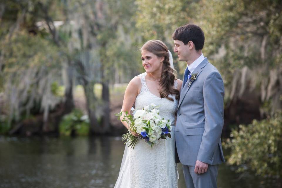 Lizzy and William WeddingNew Orleans City ParkHand-tied bouquet, white and bluephotography by Tres Bien Photography and Video