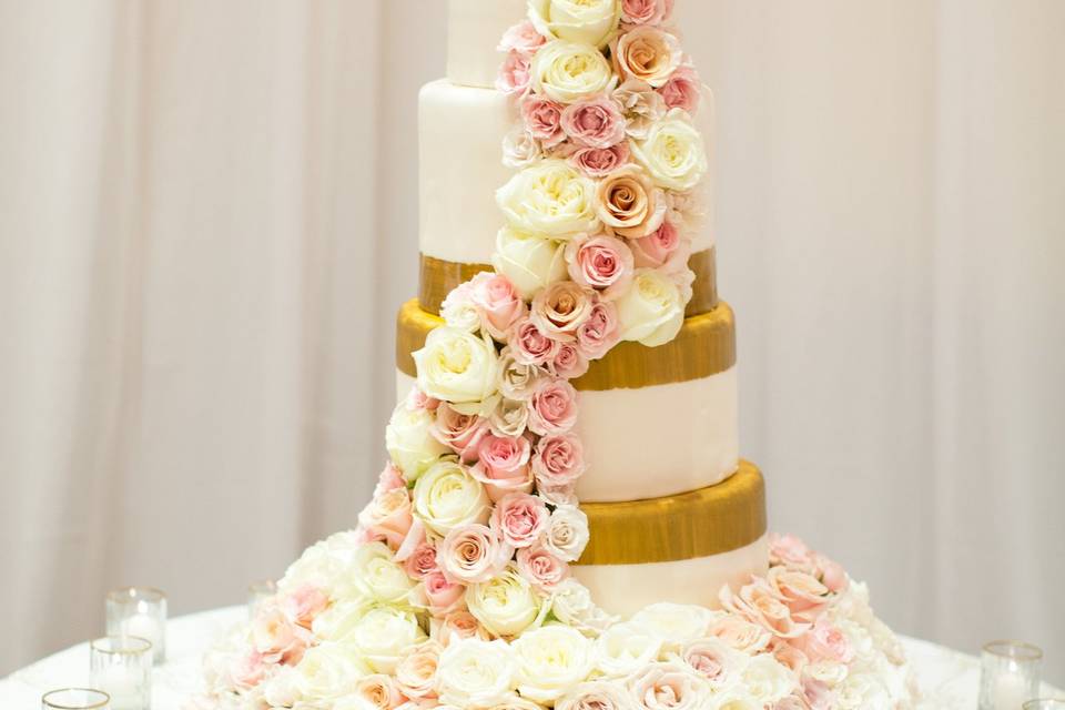 Wedding cake with cascading flowers