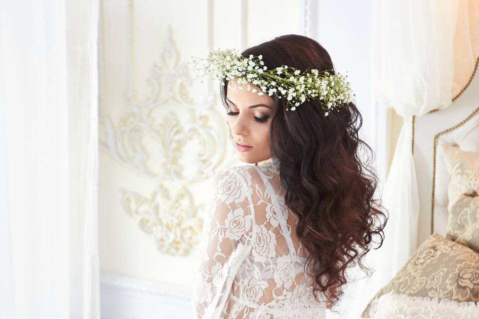 Flower crown and lace dress