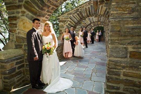 Bride, bridesmaids, and flower girl