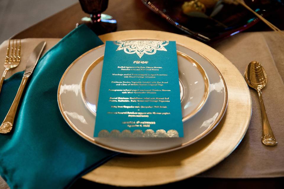 Teal + Gold Foil Menu