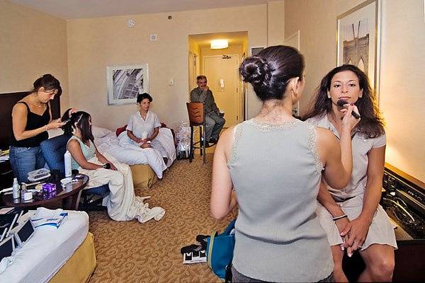 Brooklyn, New York. Jewish wedding. Bride being made up in hotel room.