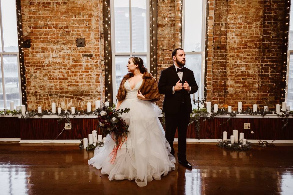 Newlywed couple in the reception space