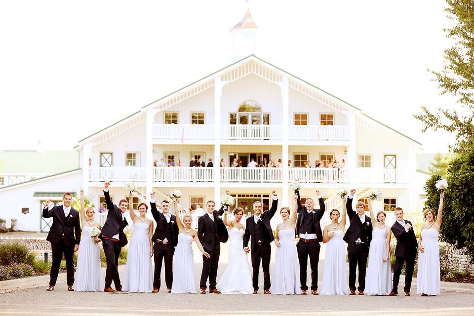 The couple with the bridesmaids and groomsmen