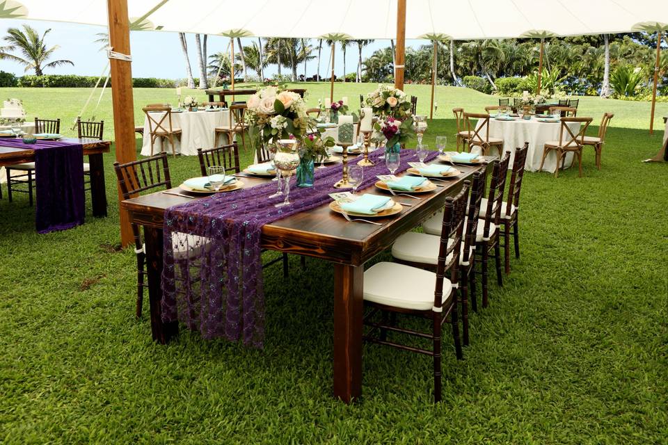 Designed and handcrafted in house-8' rustic farm table, fruitwood chiavari chairs & cushion | Stunning runner with décor