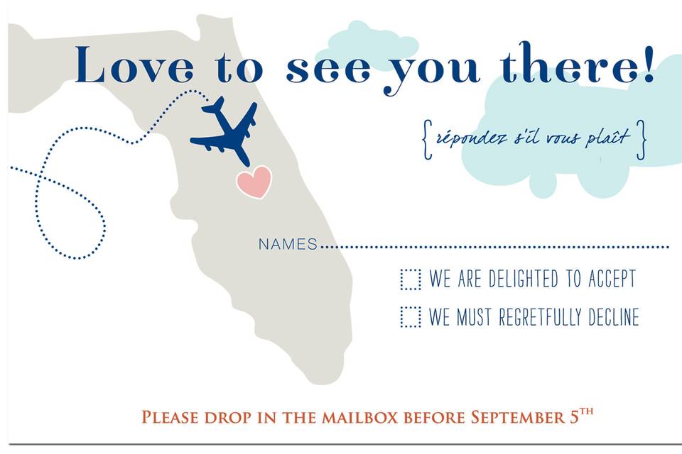 This is a postcard RSVP, designed on both sides and is mailed using a 33¢ stamp instead of first class postage... a good way to save on your overall budget.