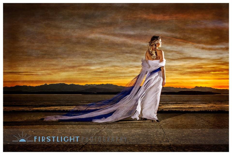 Bride at Sunset on Whidbey Island Ft Casey WA