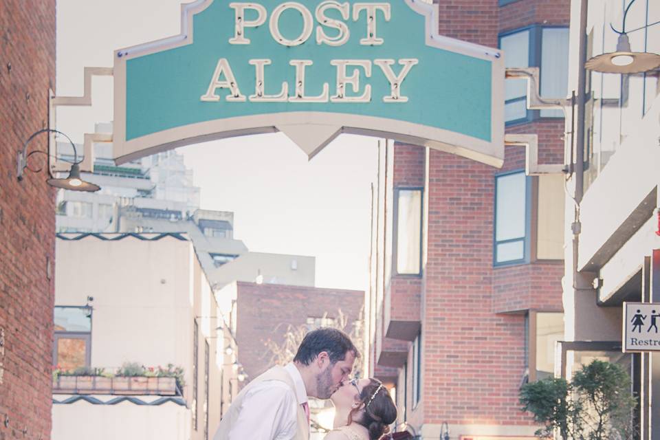 Seattle wedding in Post Alley at Pike Place Market.