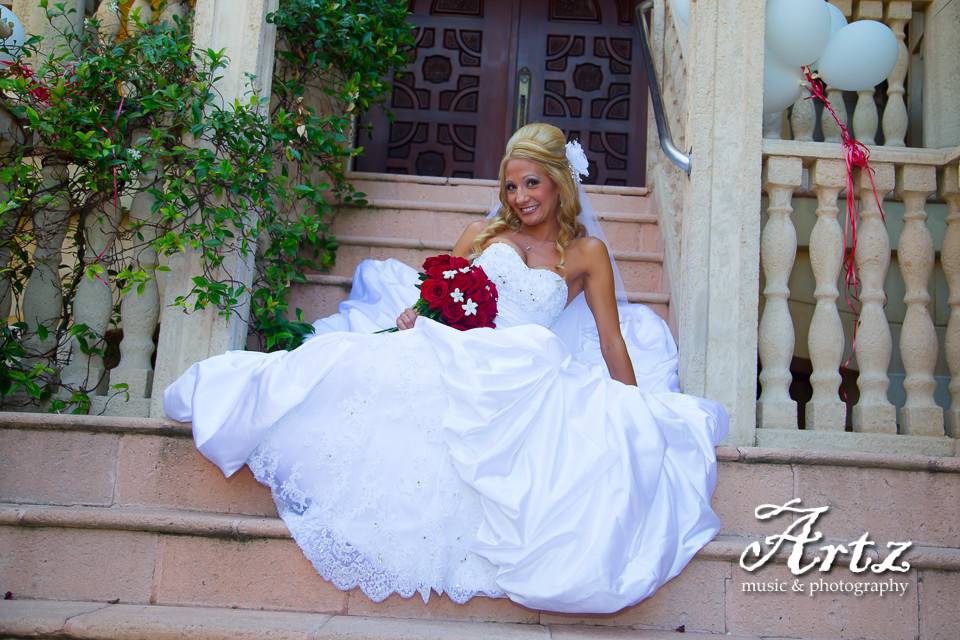 Bride by the porch