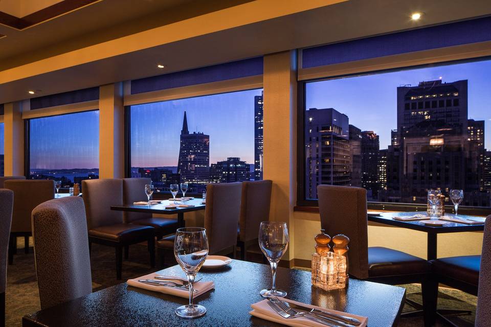 Diners can enjoy the wonderful view of downtown San Francisco's skyline from the rooftop restaurant at Marines' Memorial which is available for weddings on Sundays