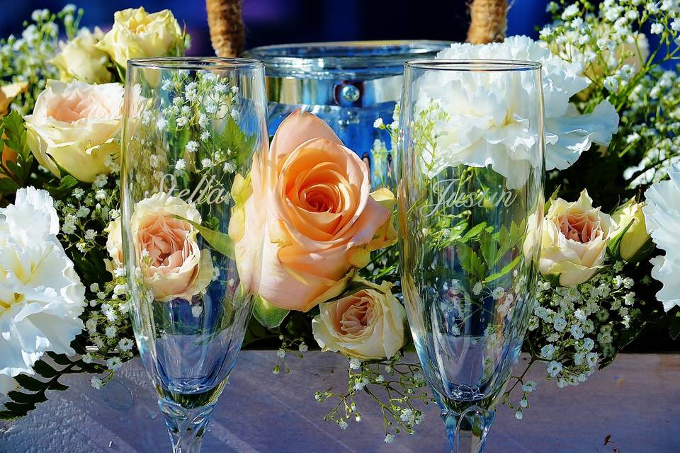 Champagne flutes and flowers